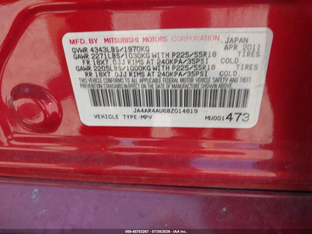 Продаж на аукціоні авто 2011 Mitsubishi Outlander Sport Se, vin: JA4AR4AU6BZ014819, номер лоту: 45753267