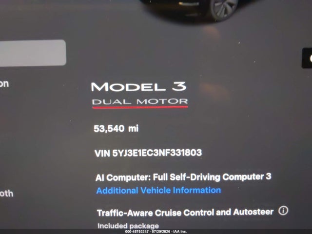 5YJ3E1EC3NF331803 Tesla Model 3 Performance Dual Motor All-wheel Drive