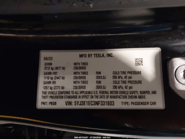 5YJ3E1EC3NF331803 Tesla Model 3 Performance Dual Motor All-wheel Drive