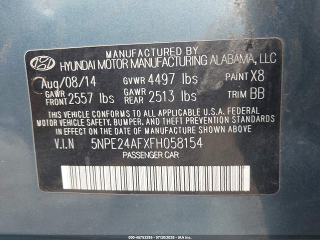 Aukcja sprzedaży 2015 Hyundai Sonata Se, vin: 5NPE24AFXFH058154, numer aukcji: 45753295