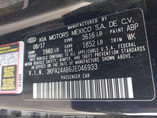 Aukcja sprzedaży 2018 Kia Rio Lx, vin: 3KPA24AB6JE046933, numer aukcji: 45753296