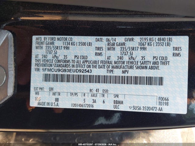 45753297 :رقم المزاد ، 1FMCU9G93EUD92543 vin ، 2014 Ford Escape Se مزاد بيع