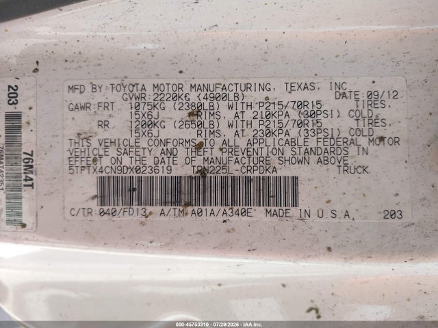 Продажа на аукционе авто 2013 Toyota Tacoma, vin: 5TFTX4CN9DX023619, номер лота: 45753310