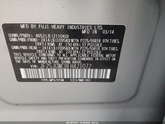 Aukcja sprzedaży 2015 Subaru Forester 2.0xt Touring, vin: JF2SJGWC8FH421072, numer aukcji: 45753317
