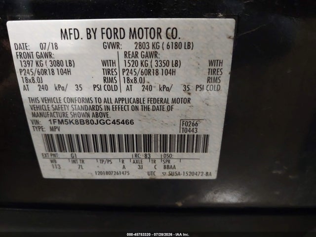 Продаж на аукціоні авто 2018 Ford Explorer, vin: 1FM5K8B80JGC45466, номер лоту: 45753320