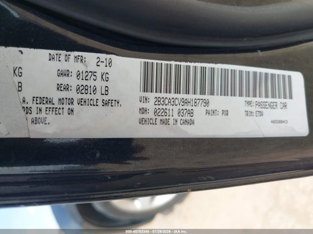 Продажа на аукционе авто 2010 Dodge Charger Sxt, vin: 2B3CA3CV9AH187790, номер лота: 45753348