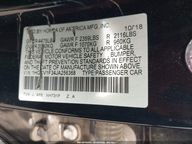 2018 Honda Accord Sport მანქანა იყიდება აუქციონზე, vin: 1HGCV1F34JA256368, აუქციონის ნომერი: 45753353