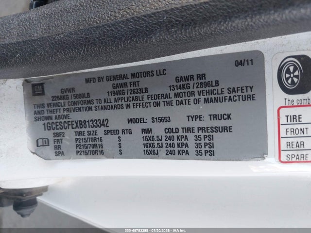 45753359 :رقم المزاد ، 1GCESCFEXB8133342 vin ، 2011 Chevrolet Colorado 1lt مزاد بيع