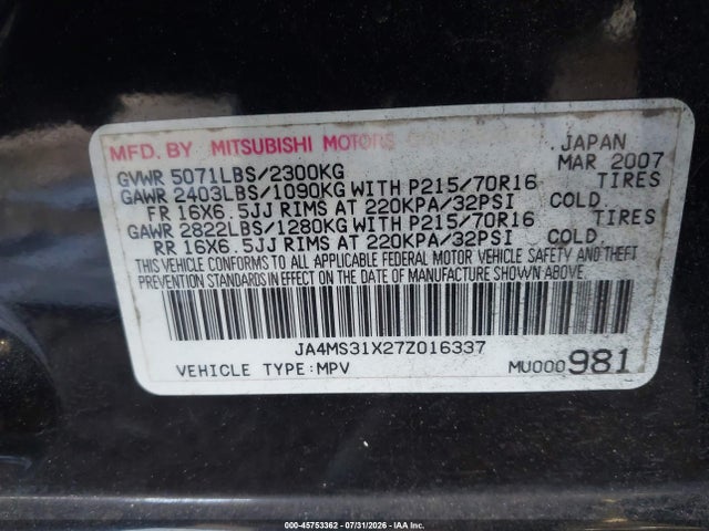Aukcja sprzedaży 2007 Mitsubishi Outlander Es/ls, vin: JA4MS31X27Z016337, numer aukcji: 45753362