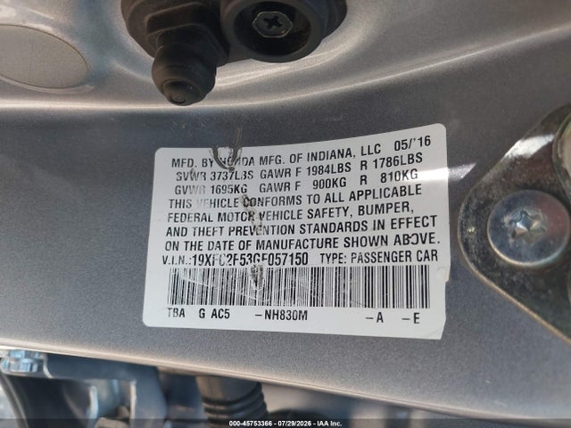 45753366 :رقم المزاد ، 19XFC2F53GE057150 vin ، 2016 Honda Civic Lx مزاد بيع