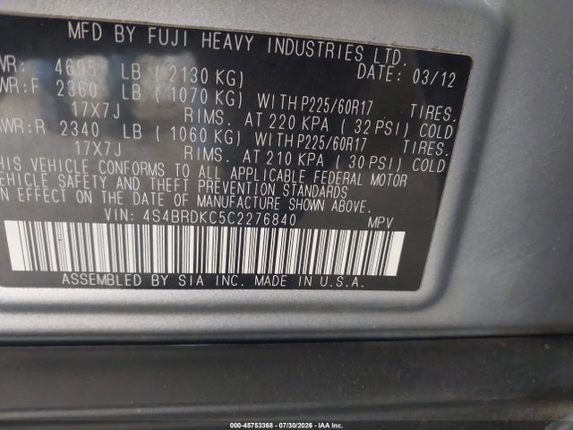 Продажа на аукционе авто 2012 Subaru Outback 3.6r Limited, vin: 4S4BRDKC5C2276840, номер лота: 45753368