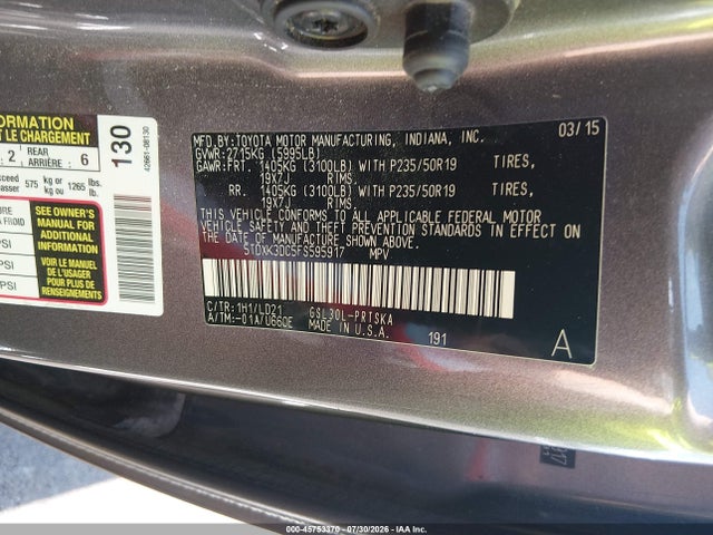Aukcja sprzedaży 2015 Toyota Sienna Se 8 Passenger/se Premium 8 Passenger, vin: 5TDXK3DC5FS595917, numer aukcji: 45753370