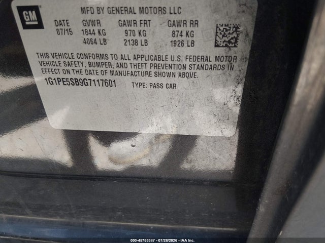 45753387 :رقم المزاد ، 1G1PE5SB9G7117601 vin ، 2016 Chevrolet Cruze Limited 1lt Auto مزاد بيع