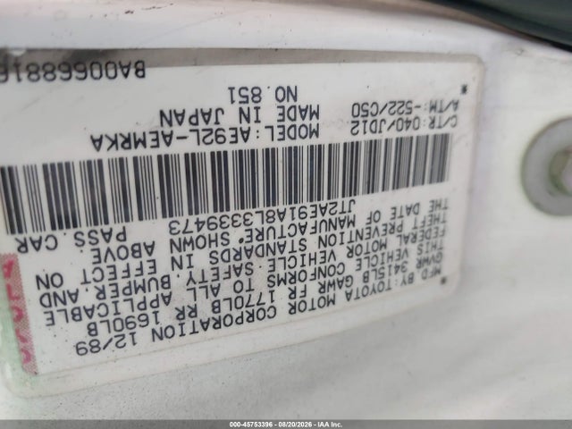 1990 Toyota Corolla მანქანა იყიდება აუქციონზე, vin: JT2AE91A8L3339473, აუქციონის ნომერი: 45753396