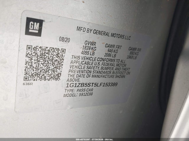 Продаж на аукціоні авто 2020 Chevrolet Malibu Fwd Ls, vin: 1G1ZB5ST5LF153389, номер лоту: 45753397