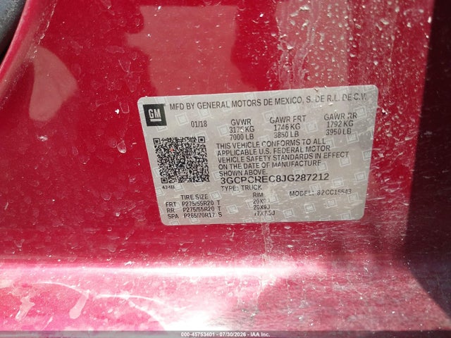 Aukcja sprzedaży 2018 Chevrolet Silverado 1500 1lt, vin: 3GCPCREC8JG287212, numer aukcji: 45753401