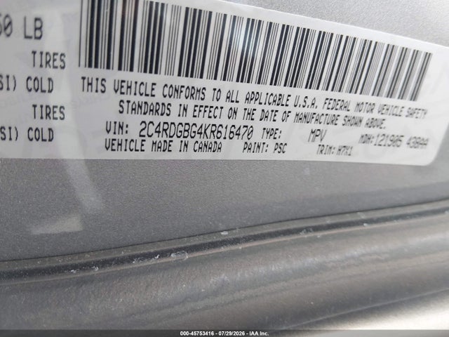 Aukcja sprzedaży 2019 Dodge Grand Caravan Se, vin: 2C4RDGBG4KR616470, numer aukcji: 45753416