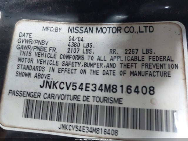 Aukcja sprzedaży 2004 Infiniti G35, vin: JNKCV54E34M816408, numer aukcji: 45753419