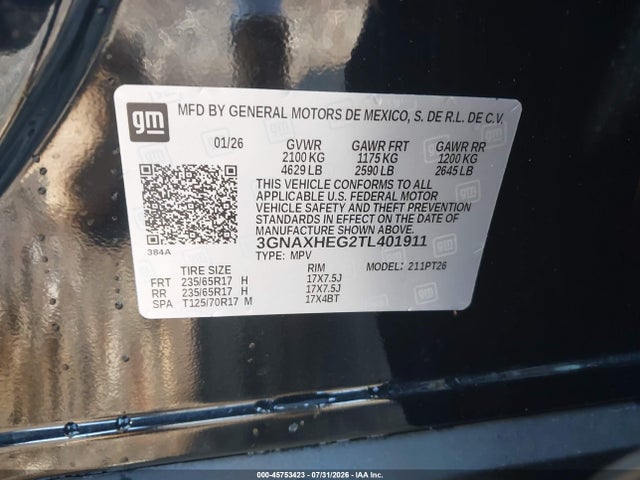 2026 Chevrolet Equinox Fwd Lt მანქანა იყიდება აუქციონზე, vin: 3GNAXHEG2TL401911, აუქციონის ნომერი: 45753423