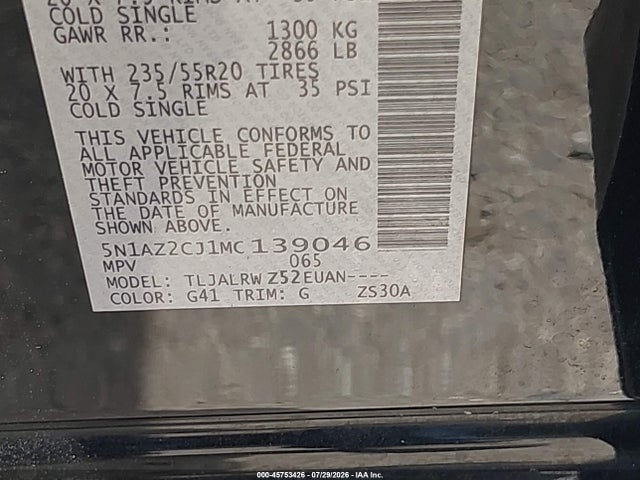 Продаж на аукціоні авто 2021 Nissan Murano Sl Fwd, vin: 5N1AZ2CJ1MC139046, номер лоту: 45753426