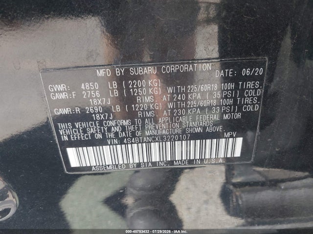 Aukcja sprzedaży 2020 Subaru Outback Limited, vin: 4S4BTANCXL3220107, numer aukcji: 45753432