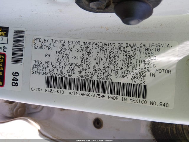 Продажа на аукционе авто 2010 Toyota Tacoma Base V6, vin: 3TMMU4FN2AM022466, номер лота: 45753434