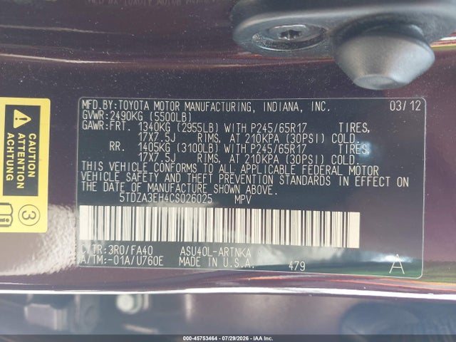 45753464 :رقم المزاد ، 5TDZA3EH4CS026025 vin ، 2012 Toyota Highlander مزاد بيع