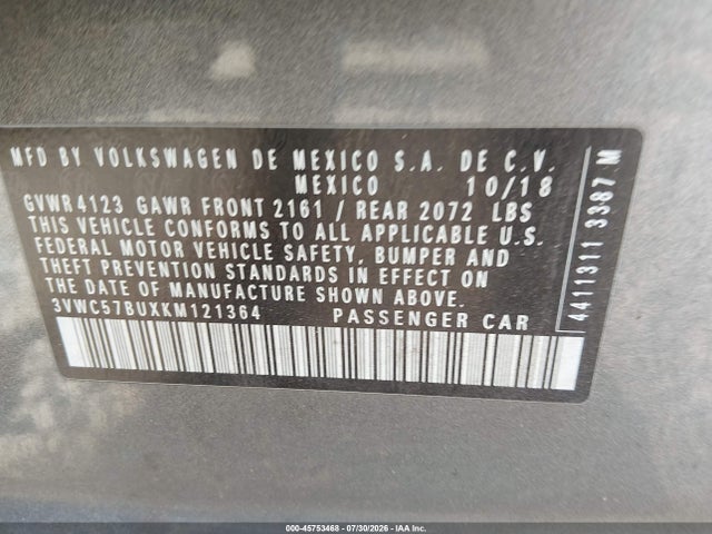 45753468 :رقم المزاد ، 3VWC57BUXKM121364 vin ، 2019 Volkswagen Jetta 1.4t R-line/1.4t S/1.4t Se مزاد بيع