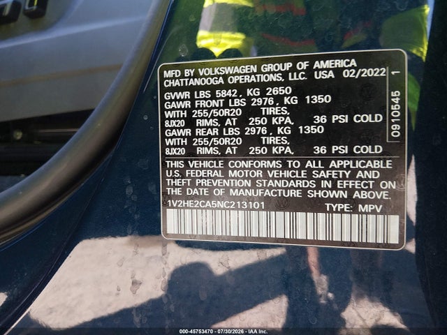 Продажа на аукционе авто 2022 Volkswagen Atlas Cross Sport 3.6l V6 Se W/technology, vin: 1V2HE2CA5NC213101, номер лота: 45753470