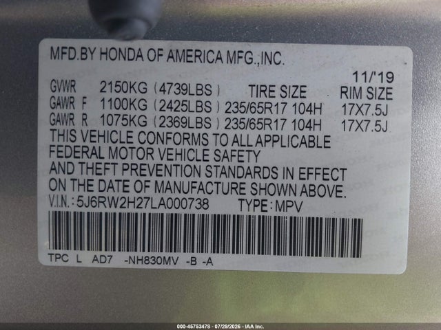 2020 Honda Cr-v Awd Lx მანქანა იყიდება აუქციონზე, vin: 5J6RW2H27LA000738, აუქციონის ნომერი: 45753478