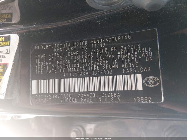 Продажа на аукционе авто 2020 Toyota Camry Le, vin: 4T1C11AK9LU317302, номер лота: 45753501