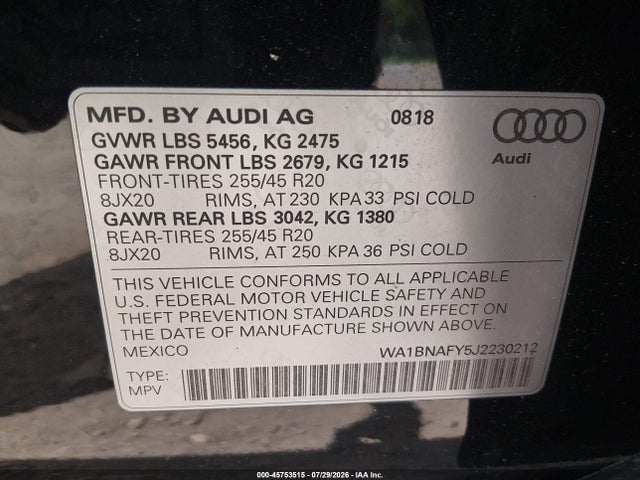 Продаж на аукціоні авто 2018 Audi Q5 2.0t Premium/2.0t Tech Premium, vin: WA1BNAFY5J2230212, номер лоту: 45753515