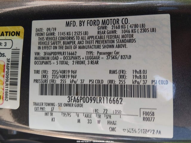 Aukcja sprzedaży 2020 Ford Fusion Titanium, vin: 3FA6P0D99LR116662, numer aukcji: 45753517