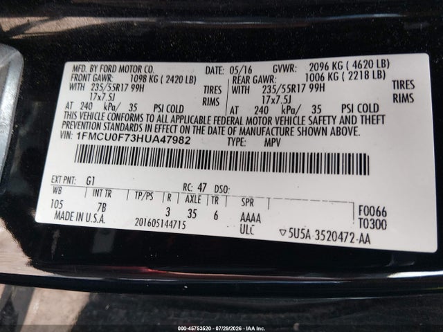 Продаж на аукціоні авто 2017 Ford Escape S, vin: 1FMCU0F73HUA47982, номер лоту: 45753520