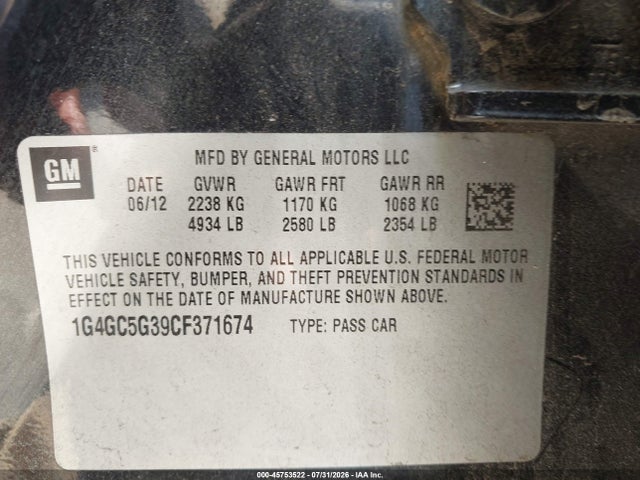 Продаж на аукціоні авто 2012 Buick Lacrosse Leather Group, vin: 1G4GC5G39CF371674, номер лоту: 45753522