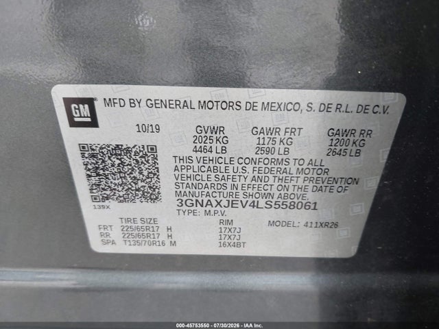 45753550 :رقم المزاد ، 3GNAXJEV4LS558061 vin ، 2020 Chevrolet Equinox Fwd 2fl مزاد بيع