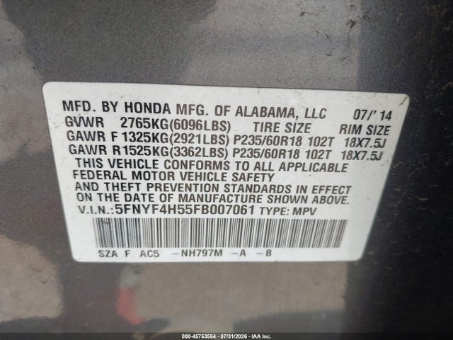 Honda Pilot Ex-l 2015 5FNYF4H55FB007061 Image 9