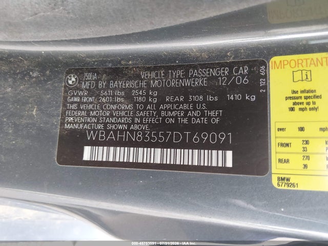 2007 Bmw 750li მანქანა იყიდება აუქციონზე, vin: WBAHN83557DT69091, აუქციონის ნომერი: 45753591