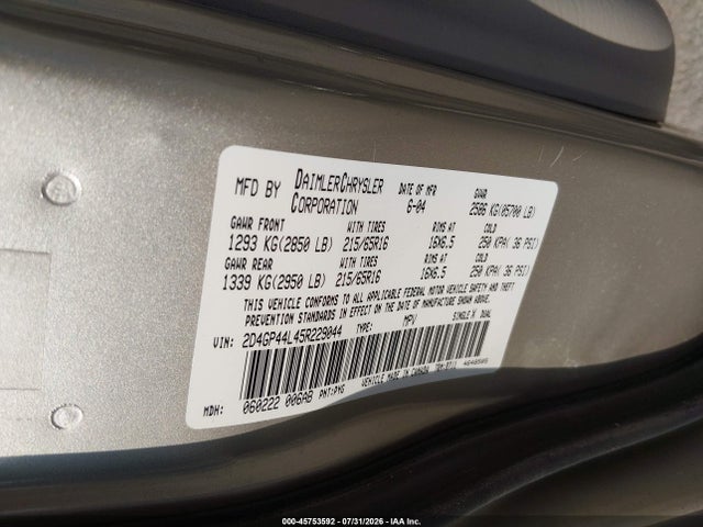 Продаж на аукціоні авто 2005 Dodge Grand Caravan Sxt, vin: 2D4GP44L45R229044, номер лоту: 45753592
