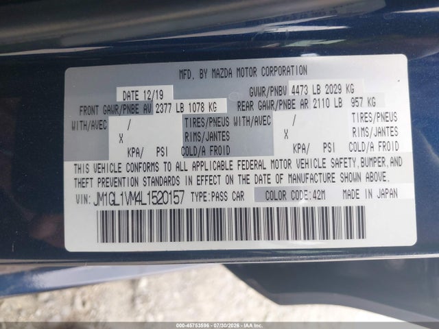 Продажа на аукционе авто 2020 Mazda Mazda6 Touring, vin: JM1GL1VM4L1520157, номер лота: 45753596