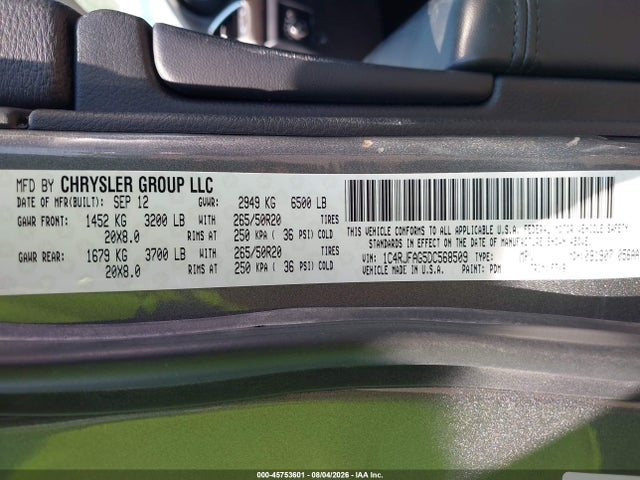 Продажа на аукционе авто 2013 Jeep Grand Cherokee Laredo, vin: 1C4RJFAG5DC568509, номер лота: 45753601