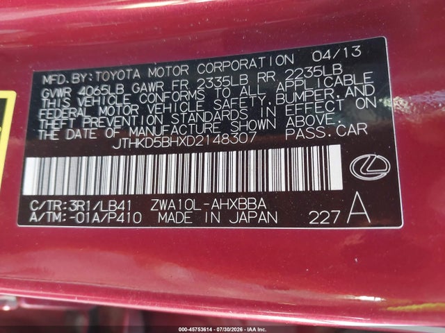 45753614 :رقم المزاد ، JTHKD5BHXD2148307 vin ، 2013 Lexus Ct 200h مزاد بيع
