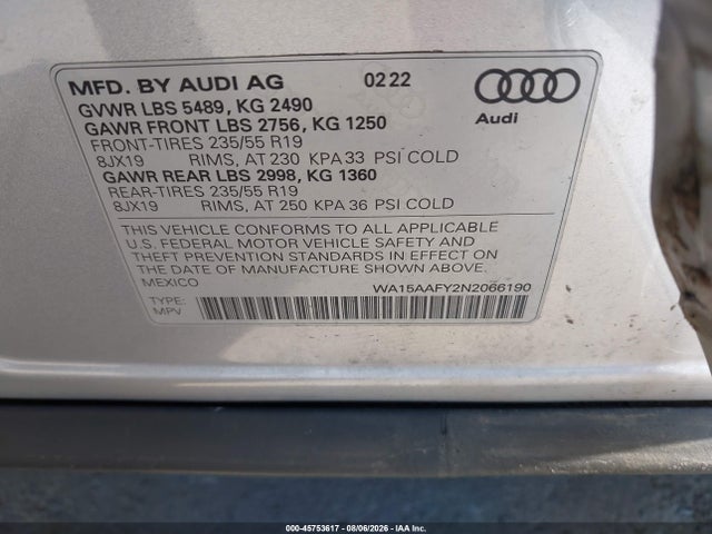 45753617 :رقم المزاد ، WA15AAFY2N2066190 vin ، 2022 Audi Q5 Sportback Premium Plus 45 Tfsi S Line Quattro S Tronic مزاد بيع