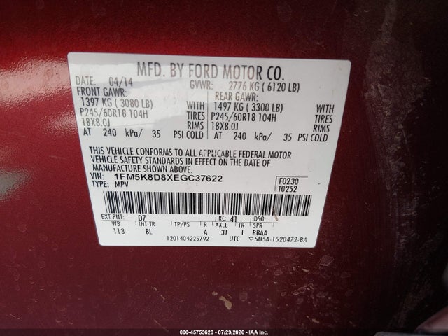 Ford EXPLORER XLT 2014 1FM5K8D8XEGC37622 Image 9