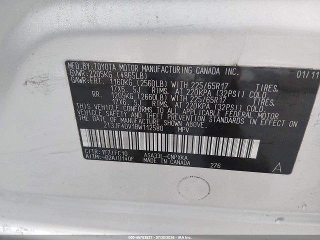 Aukcja sprzedaży 2011 Toyota Rav4, vin: 2T3JF4DV1BW112580, numer aukcji: 45753627