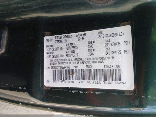 Продажа на аукционе авто 1999 Dodge Dakota Slt/sport, vin: 1B7GG22Y3XS204346, номер лота: 45753638