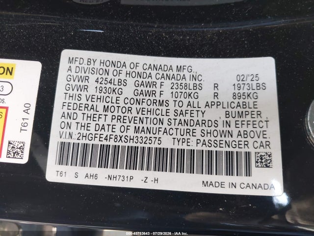 2HGFE4F8XSH332575 Honda Civic Hybrid Sport/sport Touring