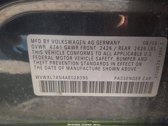 45753646 :رقم المزاد ، WVWXL7AN4AE028395 vin ، 2010 Volkswagen Passat Komfort مزاد بيع