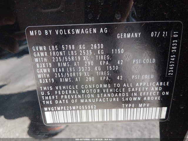 Продажа на аукционе авто 2021 Volkswagen Id.4 Pro S, vin: WVGTMPE25MP055962, номер лота: 45753666