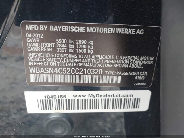 Продажа на аукционе авто 2012 Bmw 550i Gran Turismo, vin: WBASN4C52CC210320, номер лота: 45753680